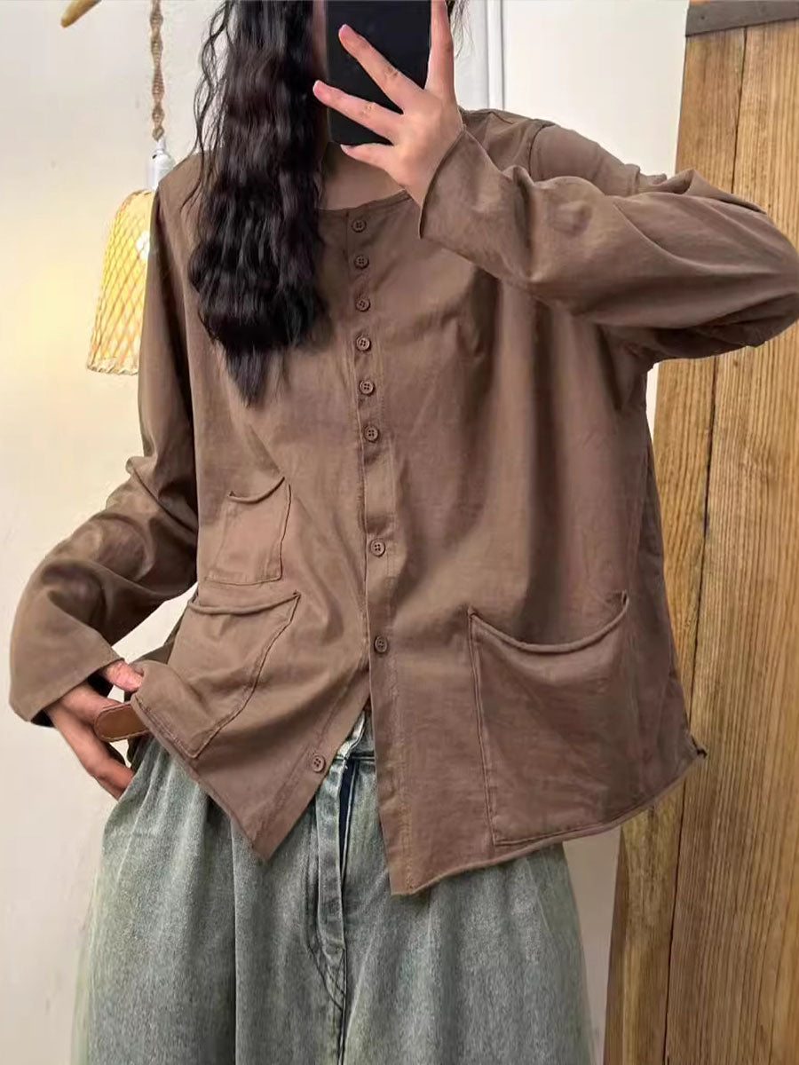 Women's Round Neck Long Sleeve Solid Color Casual Loose Cotton and Linen Shirt