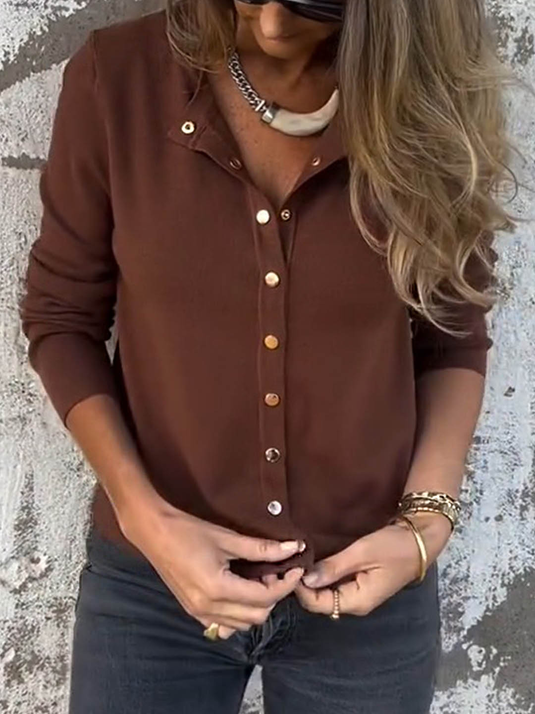 Women's Crew Neck Long Sleeve Solid Color Casual Loose Knit Cardigan