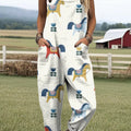 Women's Artistic Creative Pony Print Casual 100% Cotton Wide Leg Jumpsuit