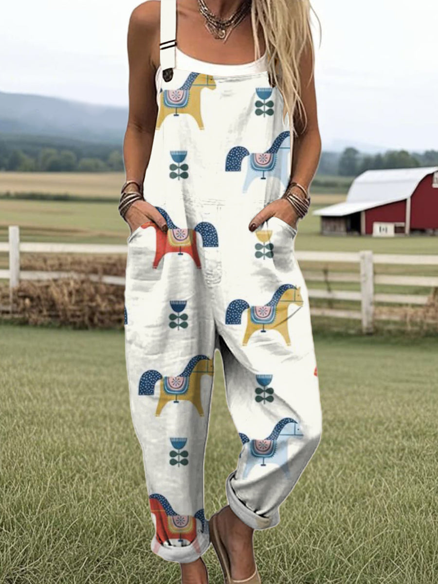 Women's Artistic Creative Pony Print Casual 100% Cotton Wide Leg Jumpsuit