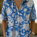 Women's Vintage Botanical Floral Casual Polo Collar Short-sleeved Linen And Cotton Shirt