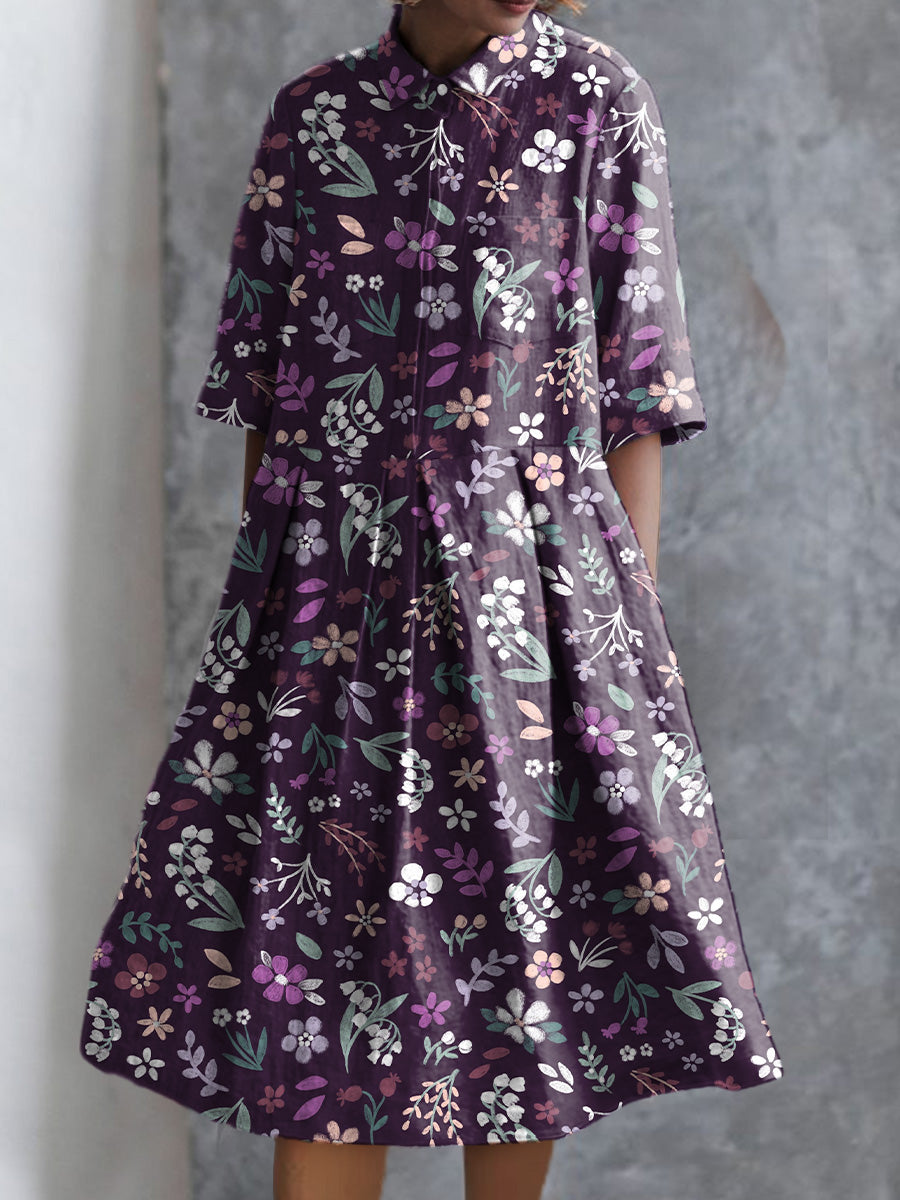 Midsummer Night Meadows Floral Pattern Printed Women's Pocket Cotton Dress