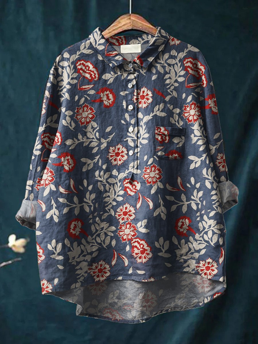 Women's Floral Art Print Casual Cotton And Linen Shirt