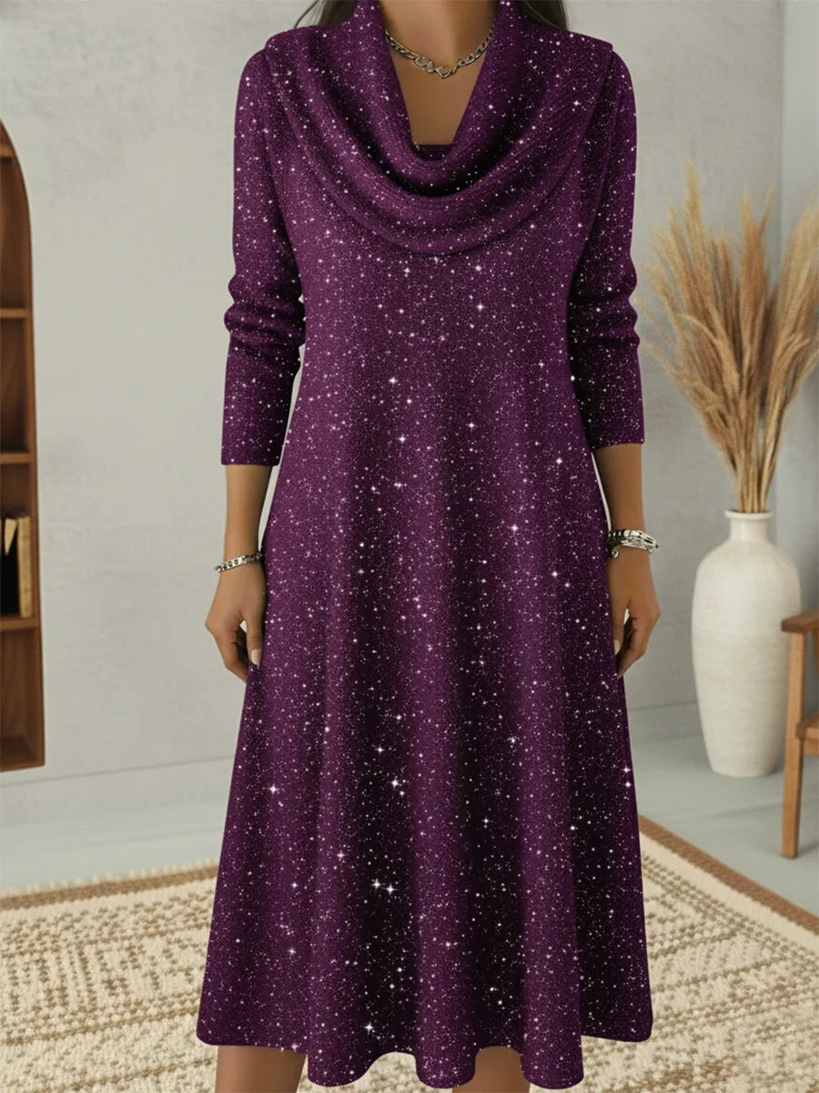 Elegant Christmas Cowl Neck Shiny A-line Midi Dress