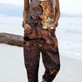 Women's  Vintage Rust Art Print Casual 100% Cotton Wide Leg Jumpsuit
