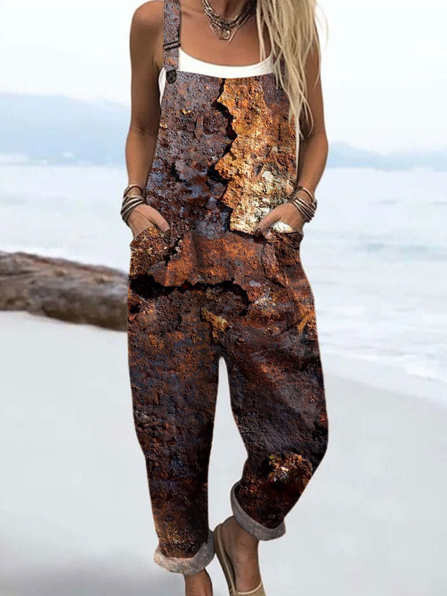 Women's  Vintage Rust Art Print Casual 100% Cotton Wide Leg Jumpsuit