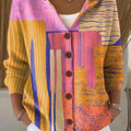 Women's Abstract Geometric Multicolor Block Painting Art Print Casual Hooded Button Sweater