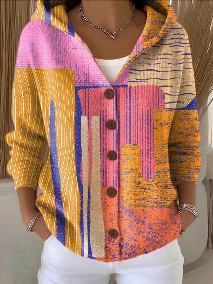 Women's Abstract Geometric Multicolor Block Painting Art Print Casual Hooded Button Sweater