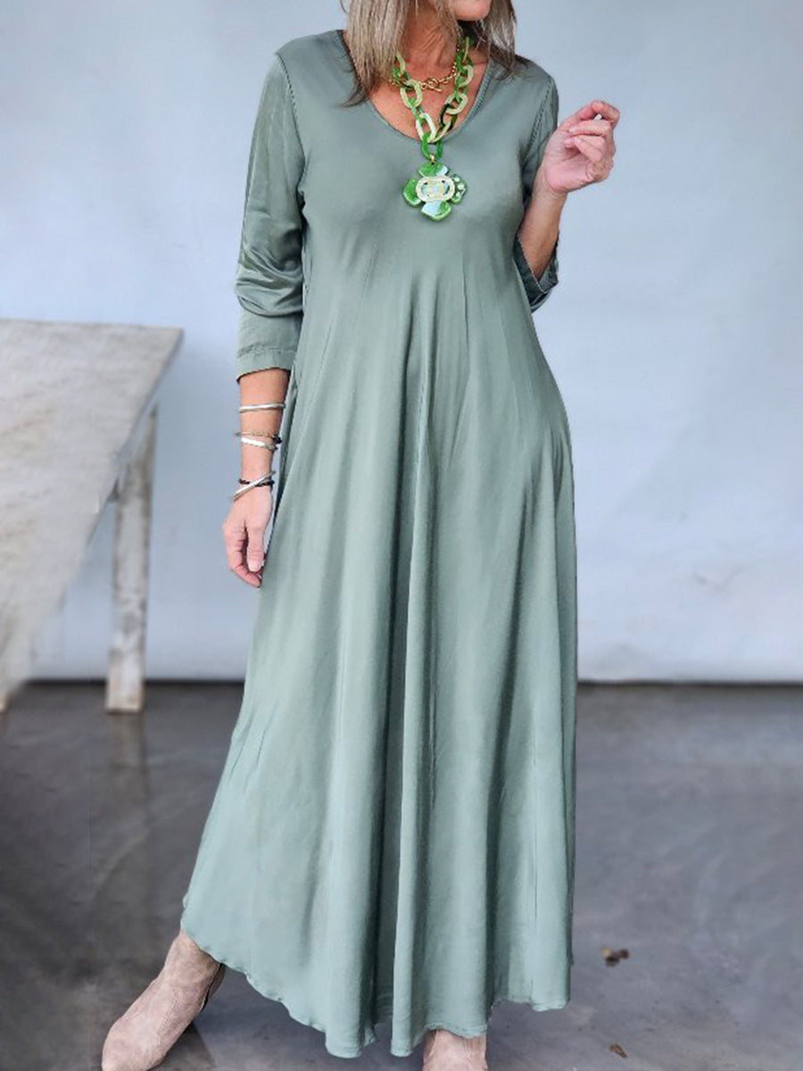 Comfortable Solid Color V-neck Stretch Knit A-line Dress