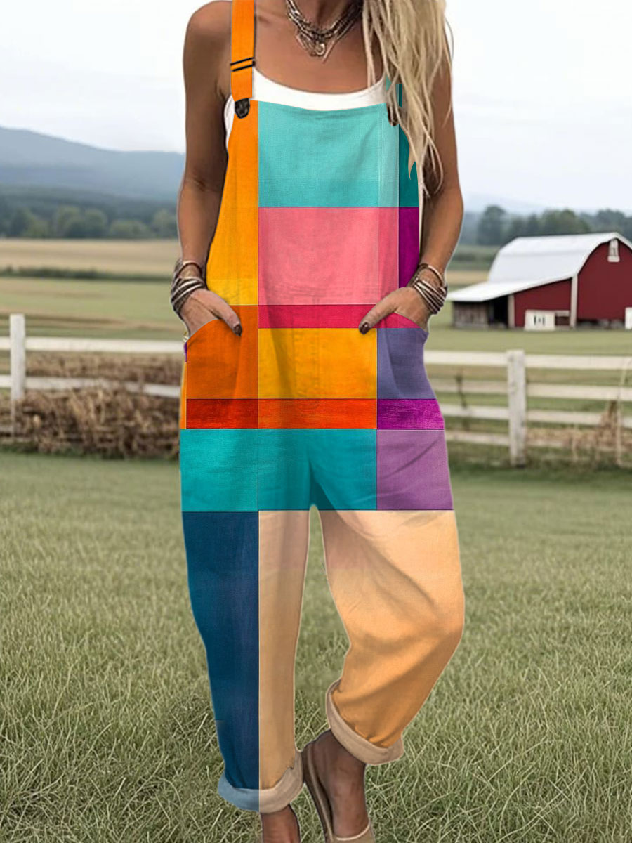 Women's Vintage Abstract Geometric Art Print Casual 100% Cotton Wide Leg Jumpsuit