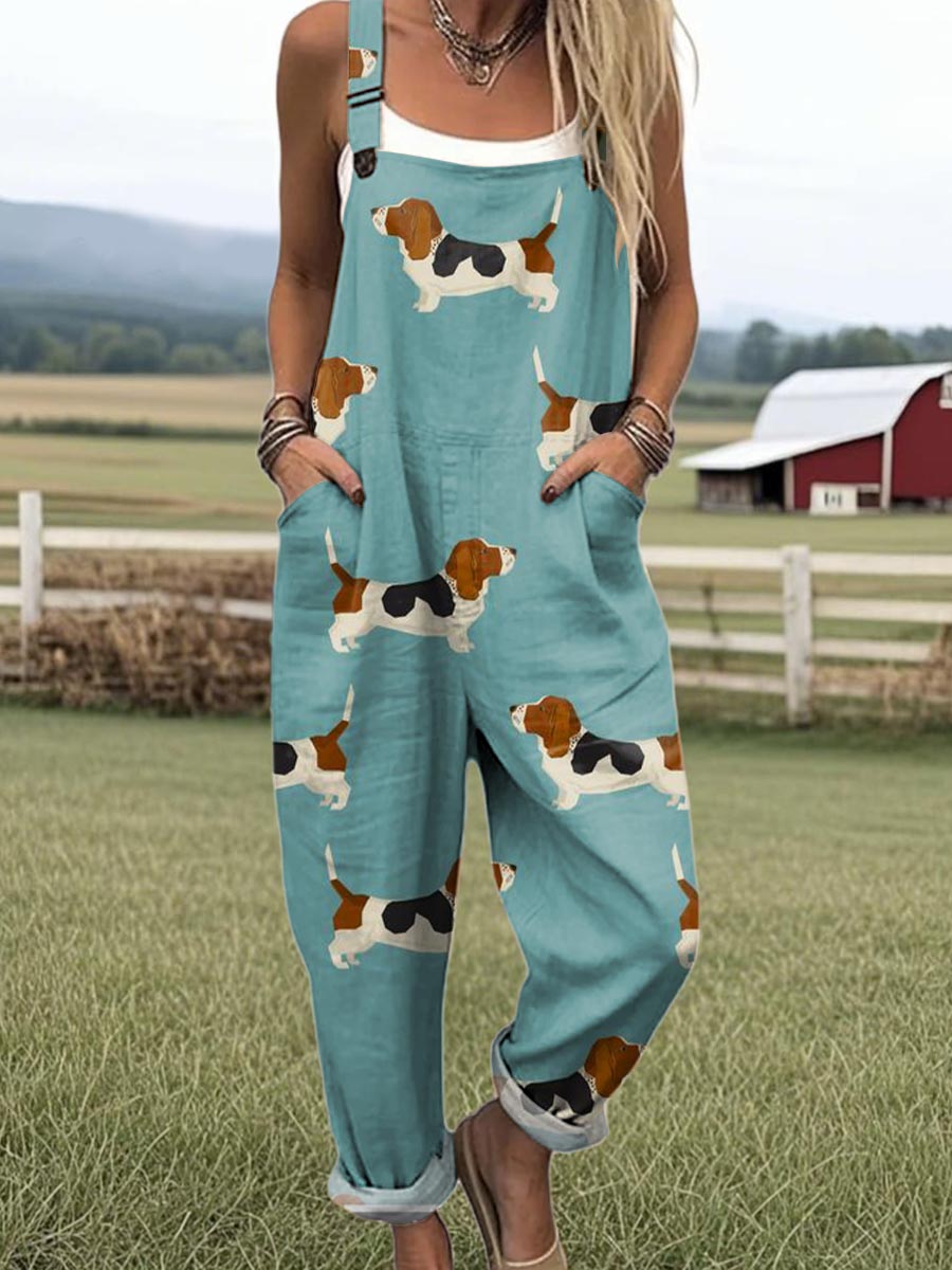 Women's Art Creative Dachshund Print Casual 100% Cotton Wide Leg Jumpsuit