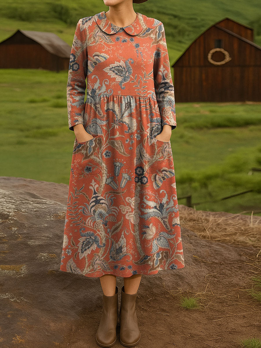 Women's Retro Flowers Pattern Art Print Cotton Lapel Button-Down Shirt Dress