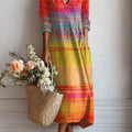 Women's Vintage Gradient  Art Print Linen Pocket Tunic Dress