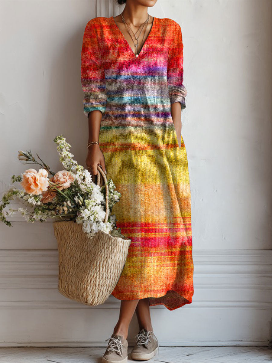 Women's Vintage Gradient  Art Print Linen Pocket Tunic Dress