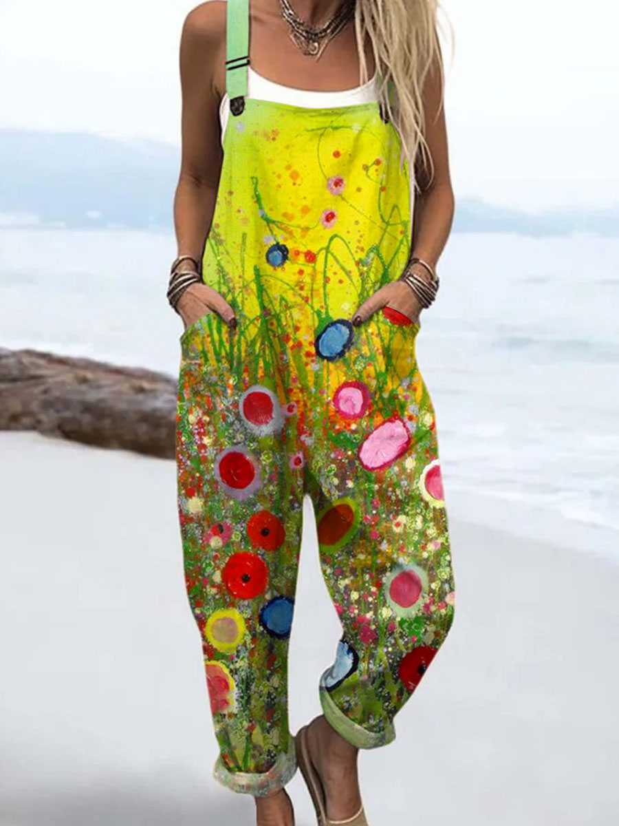 Women's  Vintage Gradient Floral Art Print Casual 100% Cotton Wide Leg Jumpsuit