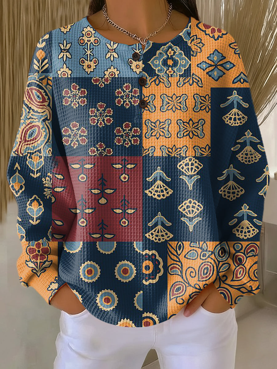 Women's Beautiful Ethnic Geometric Floral Check Art Print Casual Cotton Shirt