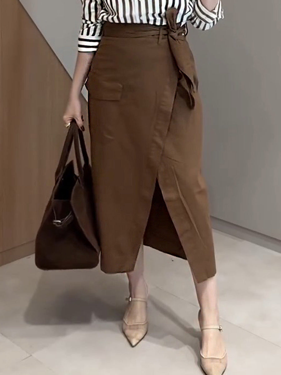 Women's Solid Color High Waist Casual Tie Pocket Cotton Skirt