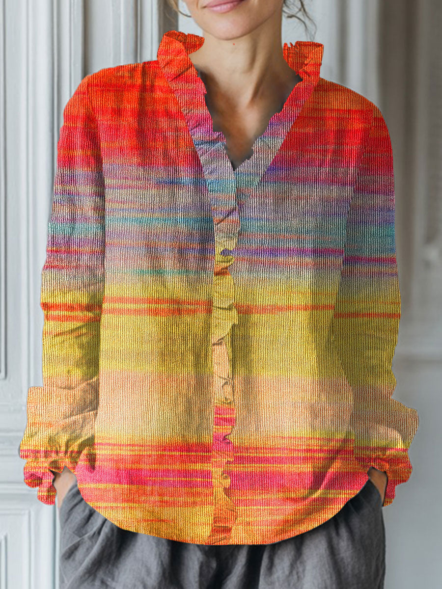 Women's Vintage Gradient Art Print Casual Cotton And Linen Ruffle Shirt