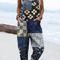 Women's Vintage Floral Patchwork Pattern Art Print Casual 100% Cotton Wide Leg Jumpsuit