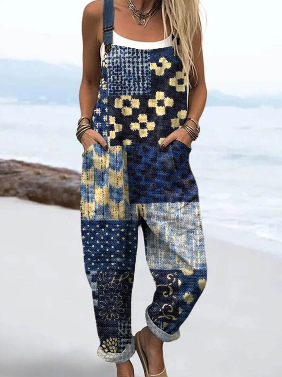 Women's Vintage Floral Patchwork Pattern Art Print Casual 100% Cotton Wide Leg Jumpsuit