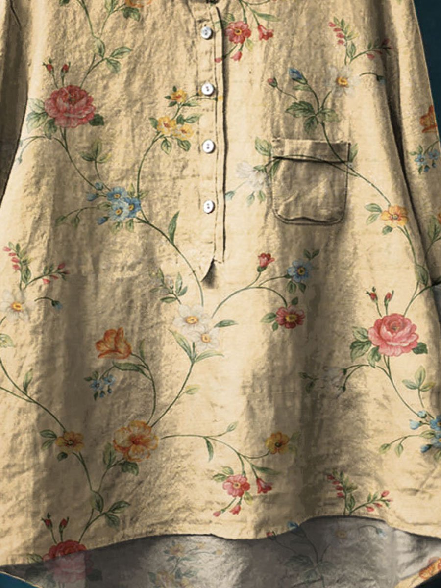 Women's Vintage Floral Art Print Casual Cotton And Linen Shirt