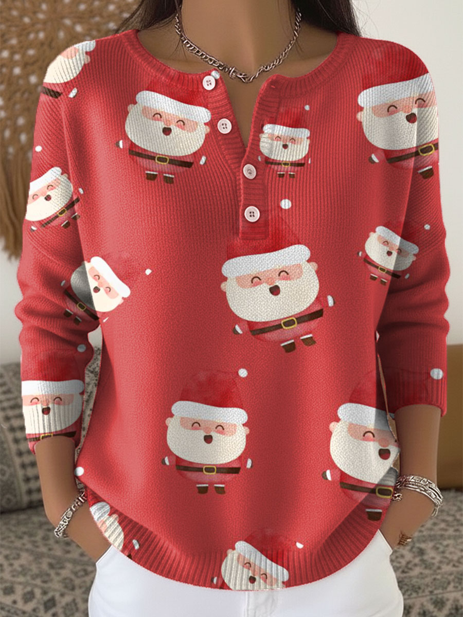 Women's Christmas Santa Pattern Art Print Buttoned Cardigan Sweater