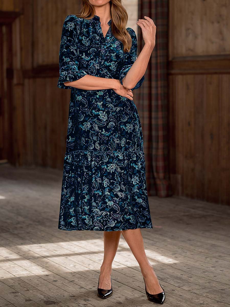 Women's Vintage Floral Print V-Neck 3/4 Sleeve Casual Loose Velvet Dress
