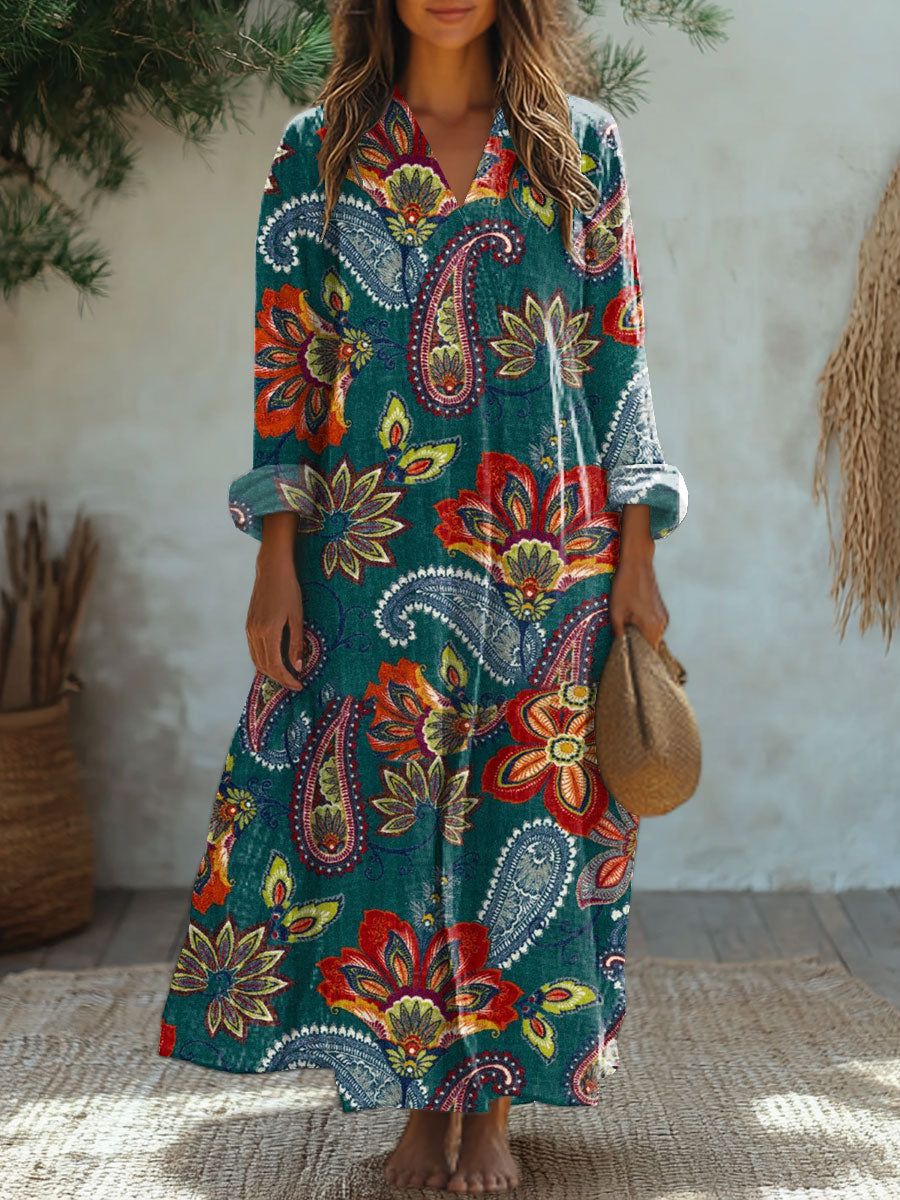 Women's Vintage Cashew Flower Art Print Casual Dress