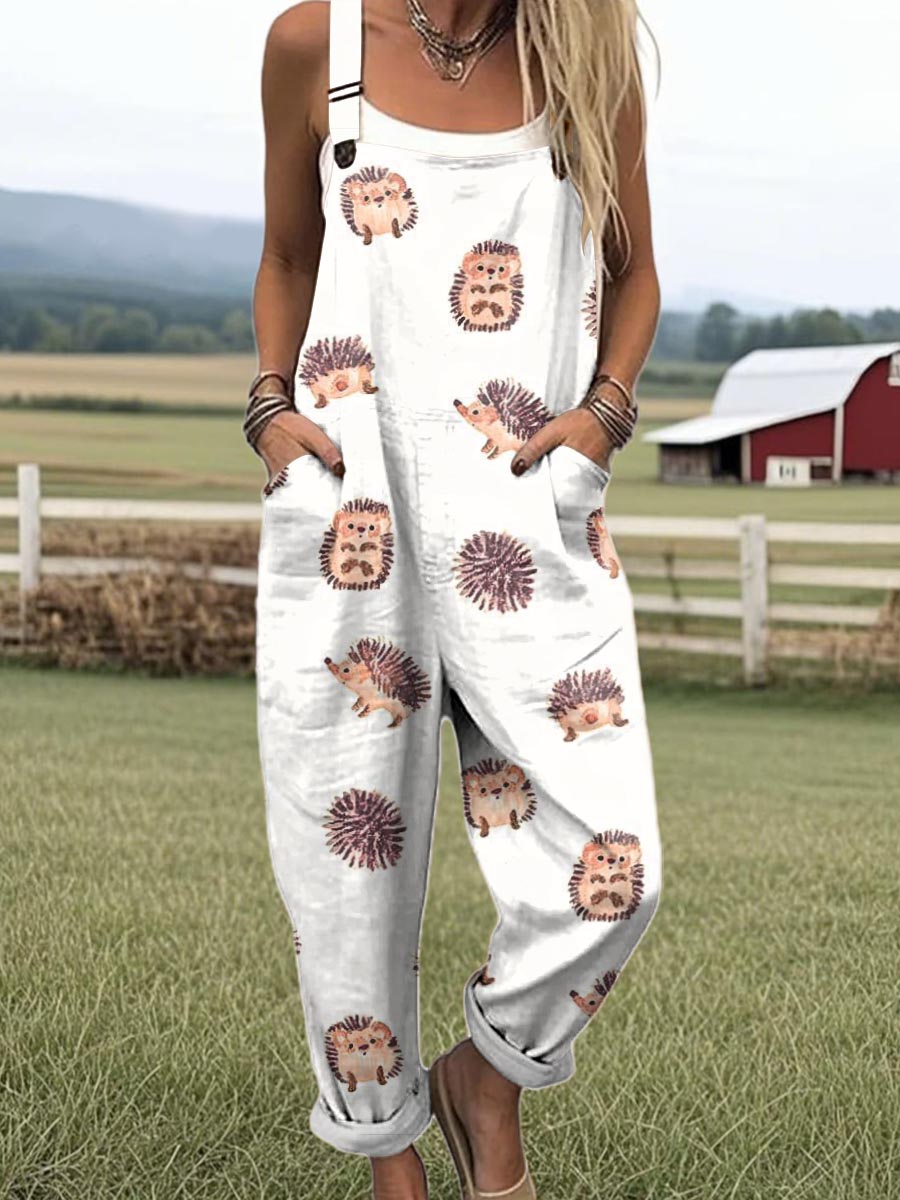 Women's Lovely Hedgehog Art Print Casual 100% Cotton Wide Leg Jumpsuit