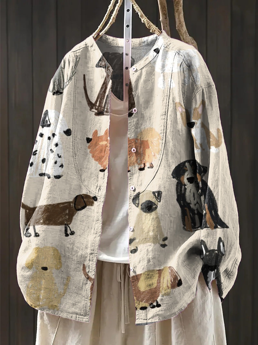 Women's Cute Colorful Dog Drawing Art Print Casual Cotton And Linen Shirt