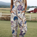 Women's  Vintage Flower Art Print Casual 100% Cotton Wide Leg Jumpsuit