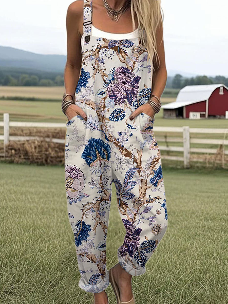 Women's  Vintage Flower Art Print Casual 100% Cotton Wide Leg Jumpsuit