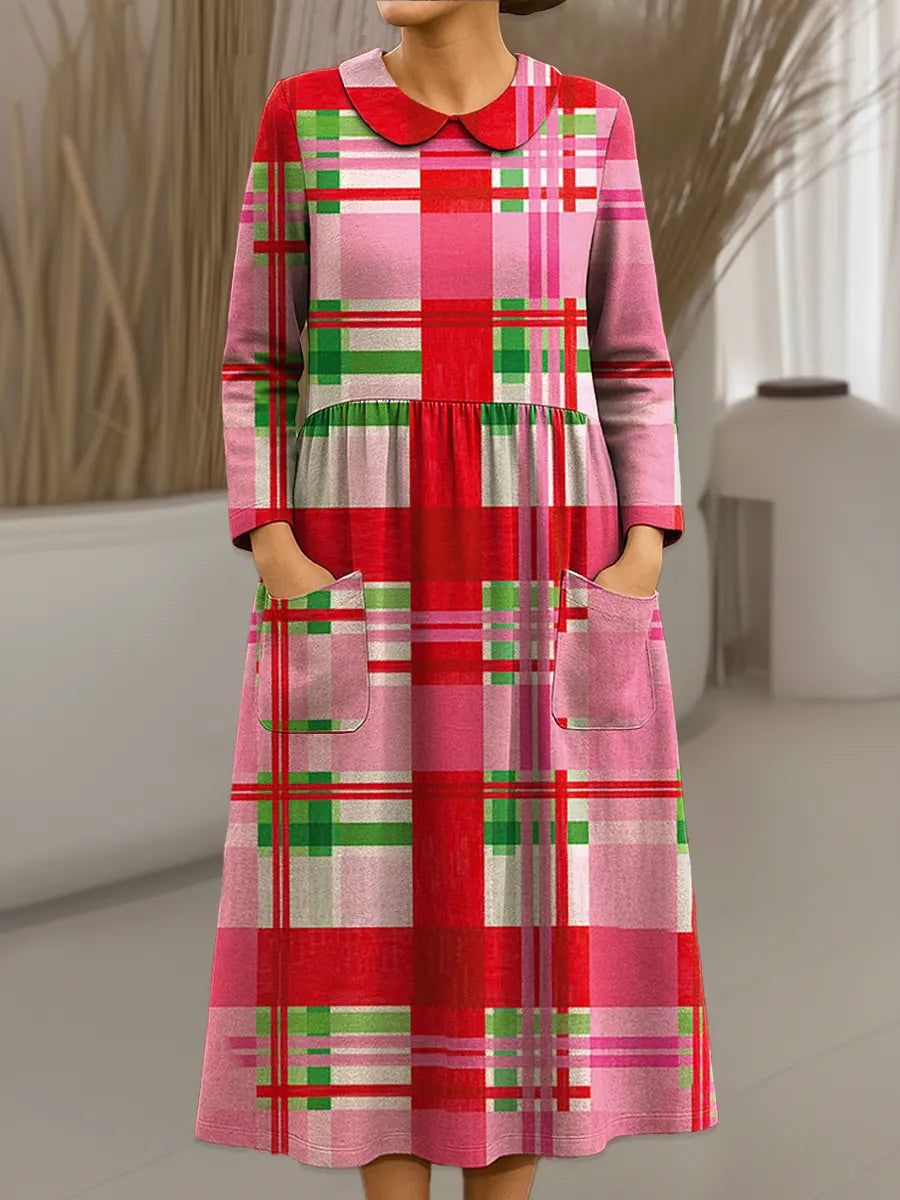 Women's Vintage Abstract Geometry Pattern Art Print Cotton Lapel Shirt Dress