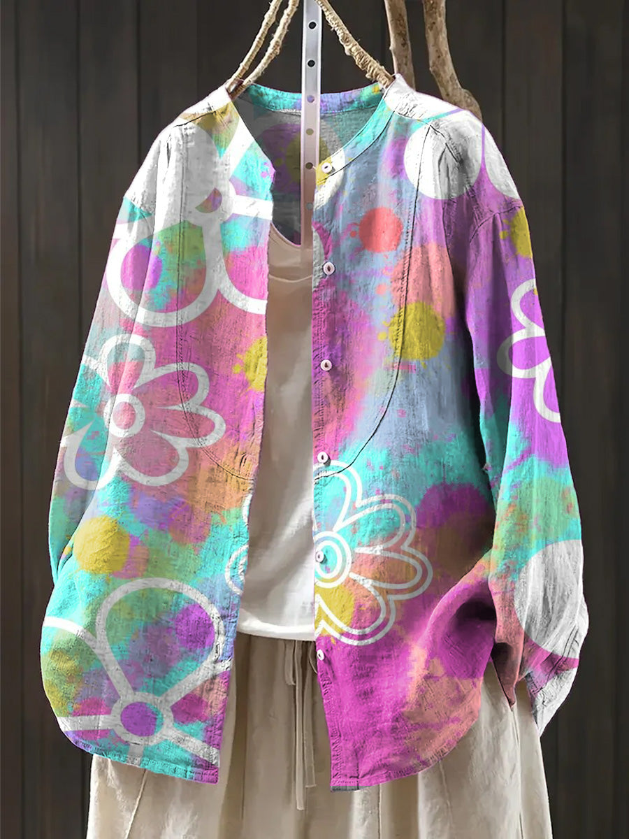 Women's Beautiful Colorful Geometric Floral Painting Art Print  Casual Cotton And Linen Shirt