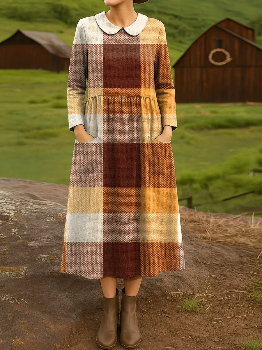 Women's Vintage Plaid Pattern Art Print Casual Cotton Dress