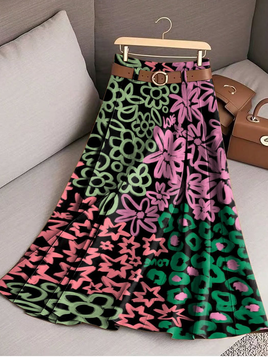 Women's Contrast Color Flowers Print Cotton Skirt