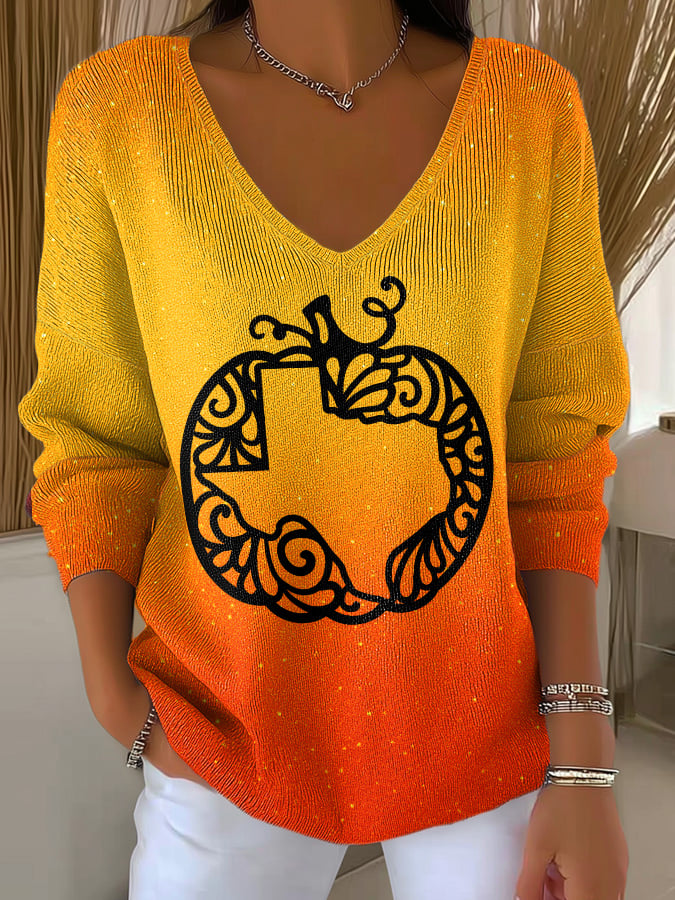 womens-vintage-gradient-pumpkin-art-print-casual-pullover-sweater