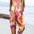 Women's Colorful Abstract Watercolor Art Print Casual 100% Cotton Wide Leg Jumpsuit