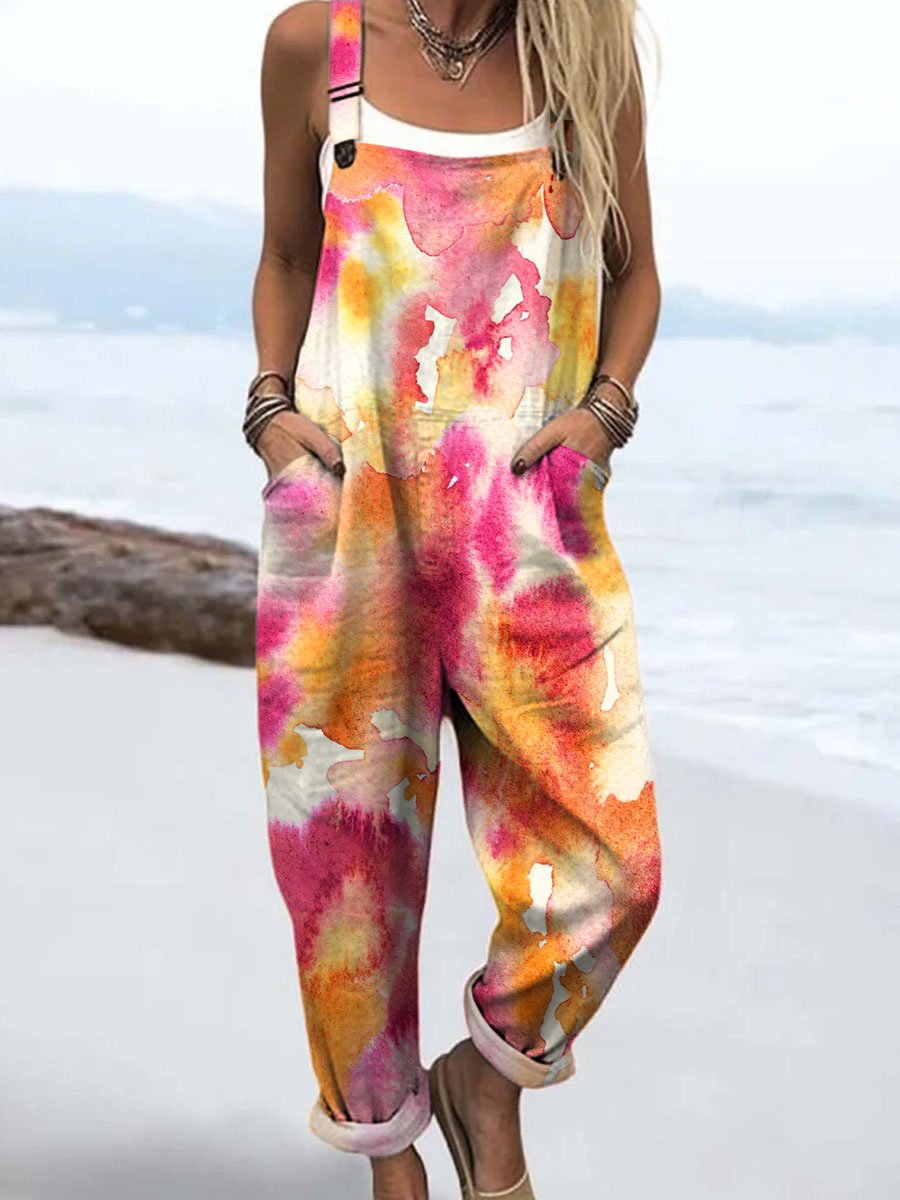 Women's Colorful Abstract Watercolor Art Print Casual 100% Cotton Wide Leg Jumpsuit
