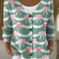 Christmas Plush Bow Print Buttoned V-neck Cardigan Sweater