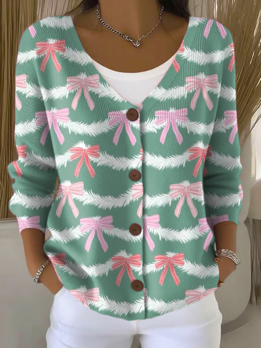 Christmas Plush Bow Print Buttoned V-neck Cardigan Sweater