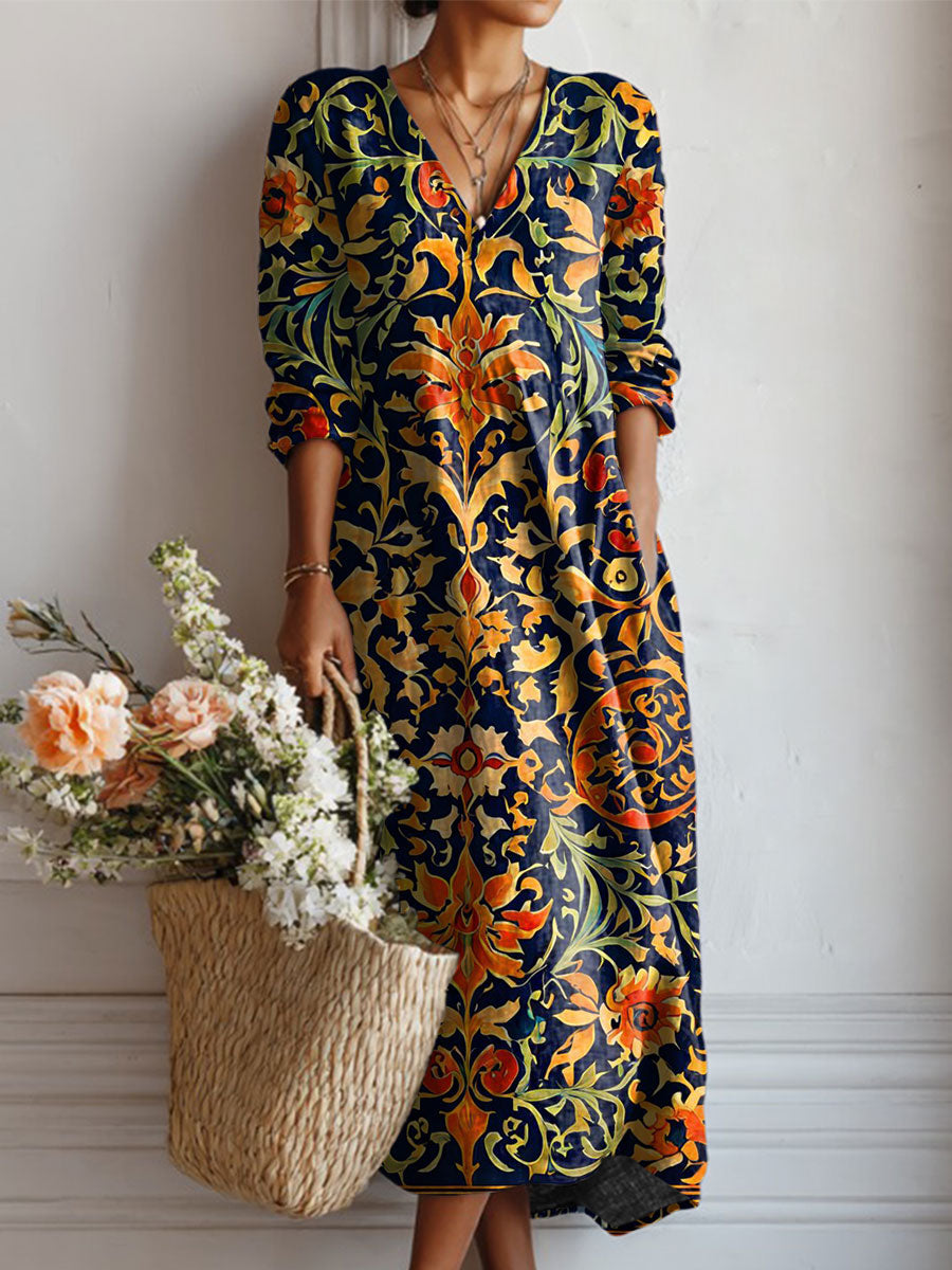 Women's Vintage Flower Art Print Linen Pocket Tunic Dress