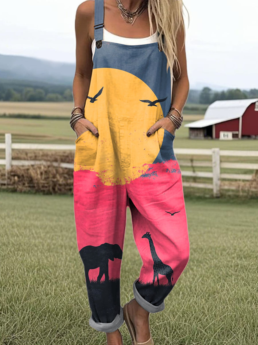 Women's Lovely Giraffe Elephant Pattern Art Print Casual 100% Cotton Wide Leg Jumpsuit