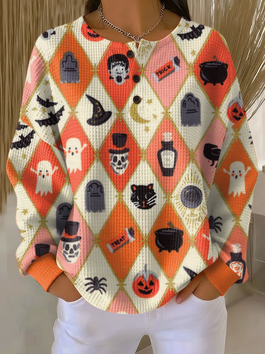 Women's Halloween Plaid Black Cat Ghost Pattern Art Print Casual Cotton Sweatshirt