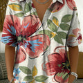 Women's Retro Botanical Art Print Cotton-linen Short-sleeve Shirt