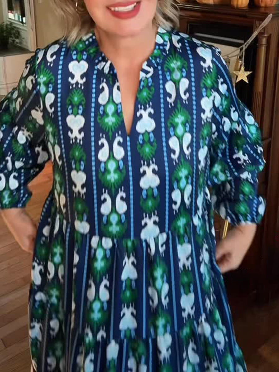 Women's Retro Vertical Striped Floral Print V-Neck Midi Dress