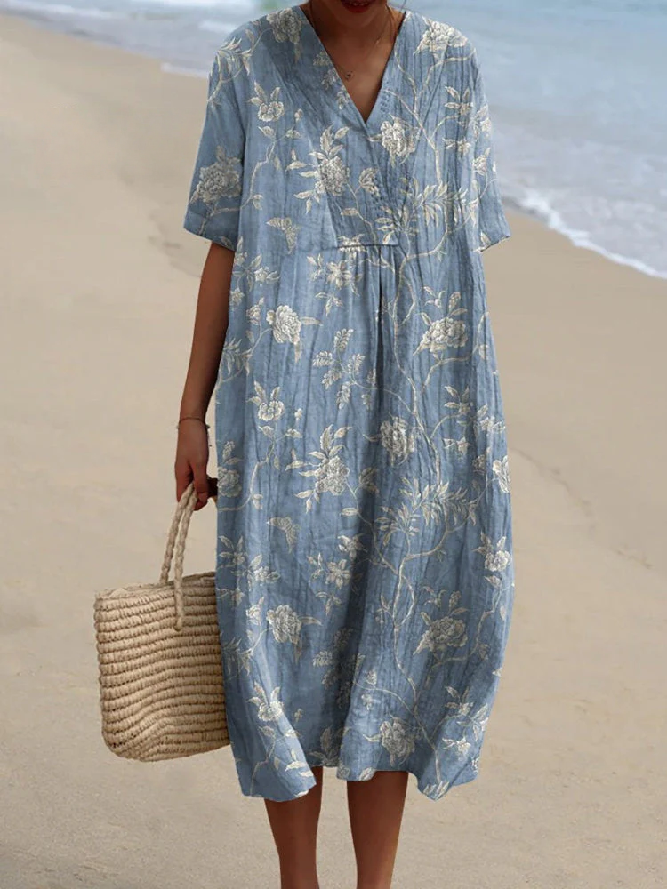 Vintage Rose And Vine Pattern Printed Women's Flowy Dress