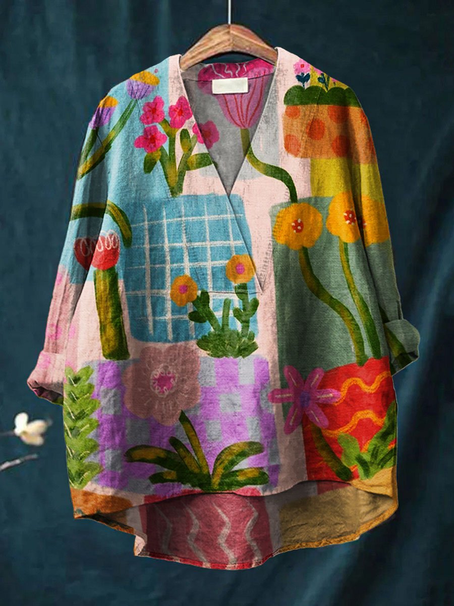 Women's Vintage Flower Art Print Casual Cotton And Linen V-neck Shirt