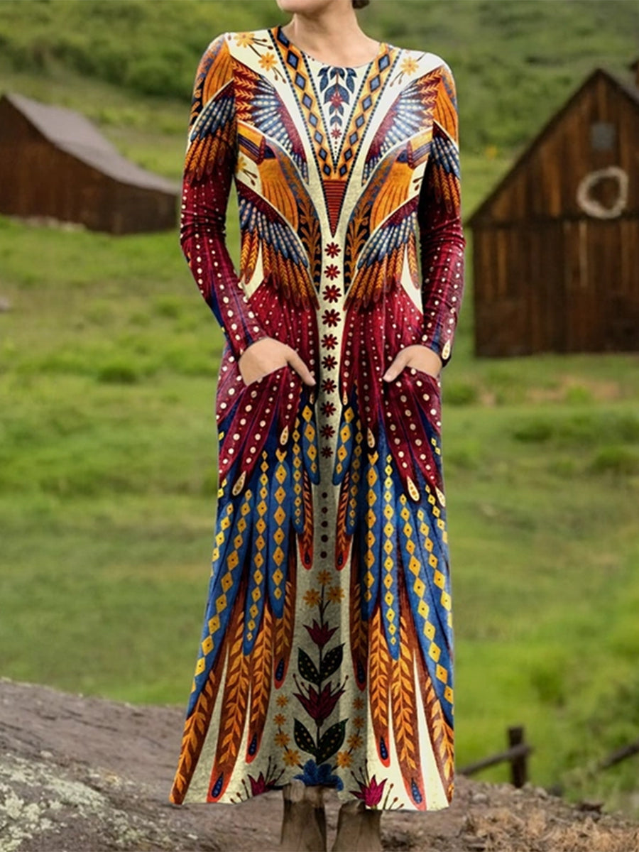 Autumn and Winter Chief Feather Crown Print Stretch Dress