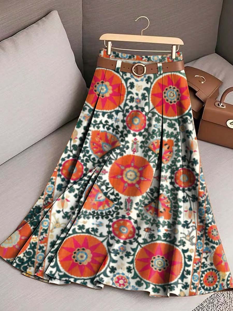 Women's Vintage Floral Pattern Art Print Casual Cotton Skirt